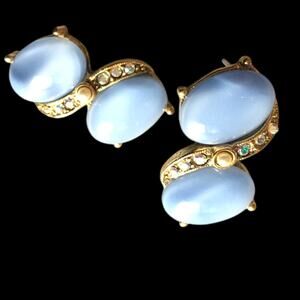 Pale blue double cabochon gold tone earrings